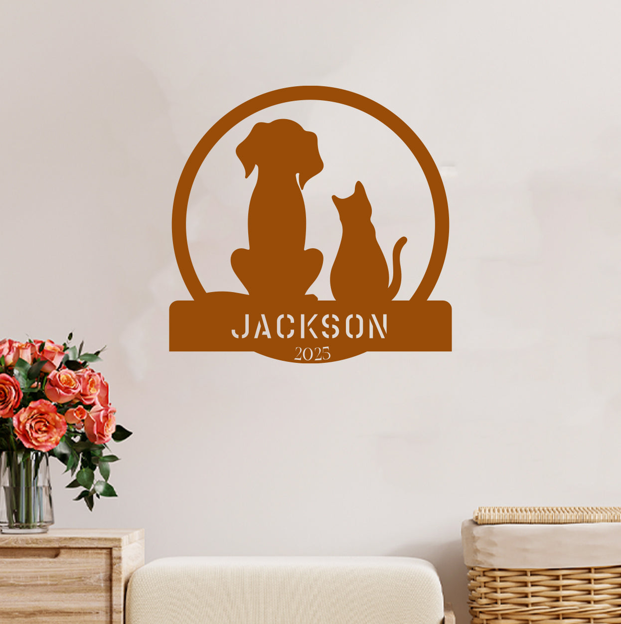 a dog and cat are sitting in front of a wall