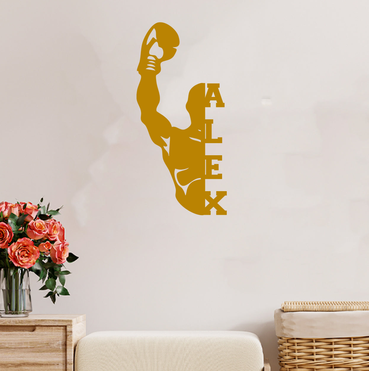 a wall decal of a basketball player holding a ball