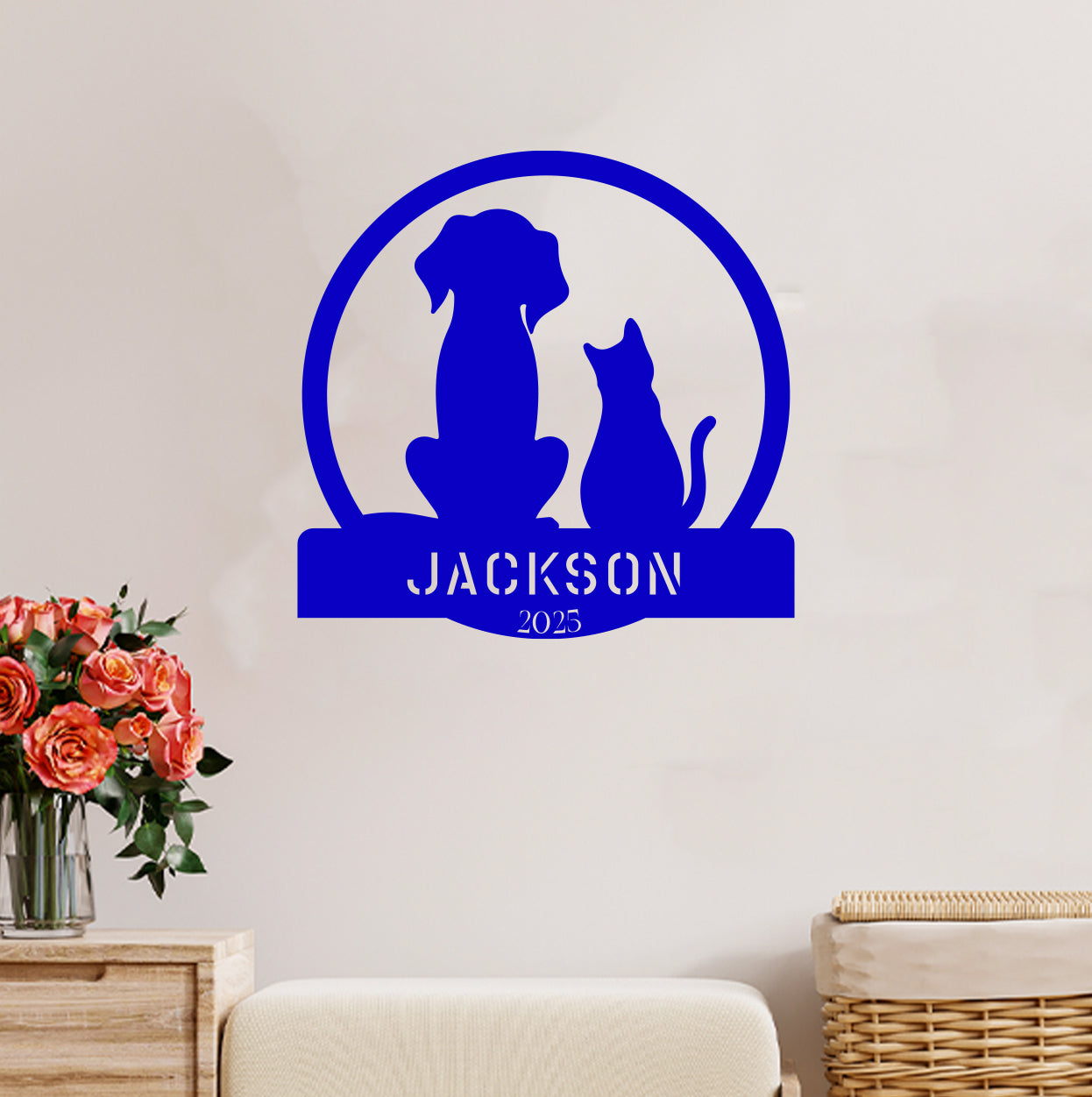 a wall decal with a dog and cat on it