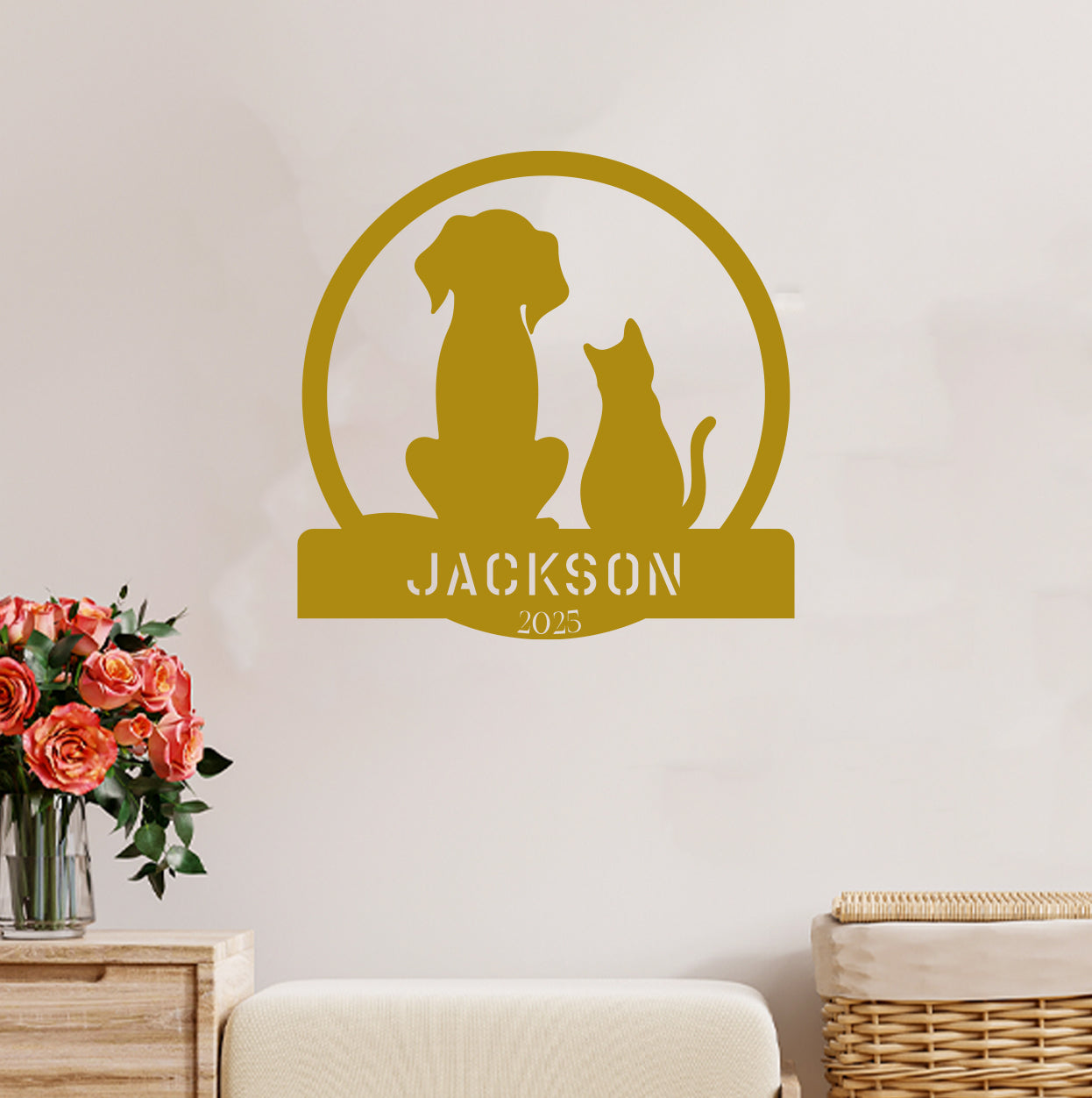 a wall decal with a dog and cat on it