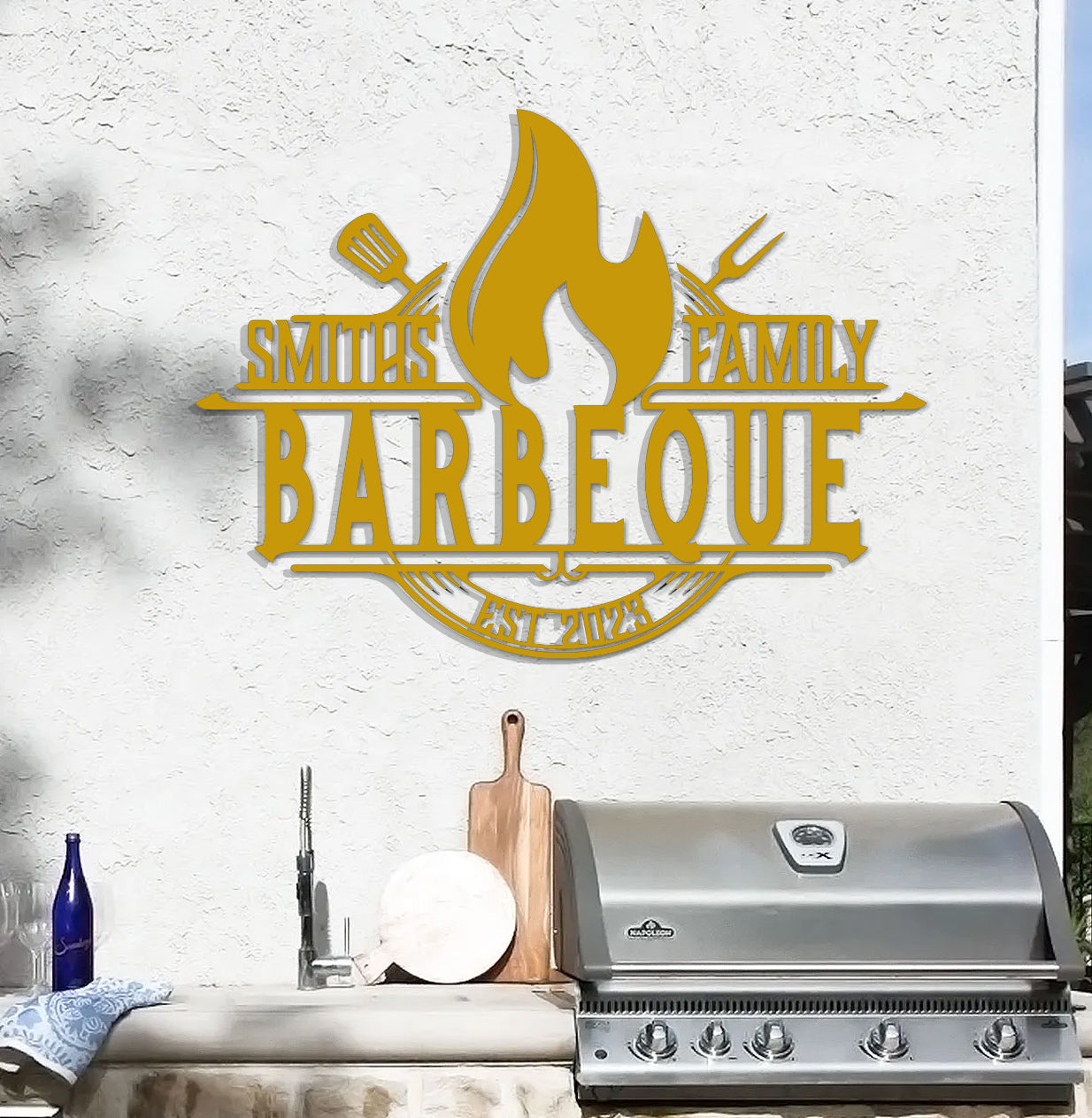 a grill with a grill top and a sign that says smith family barbeque