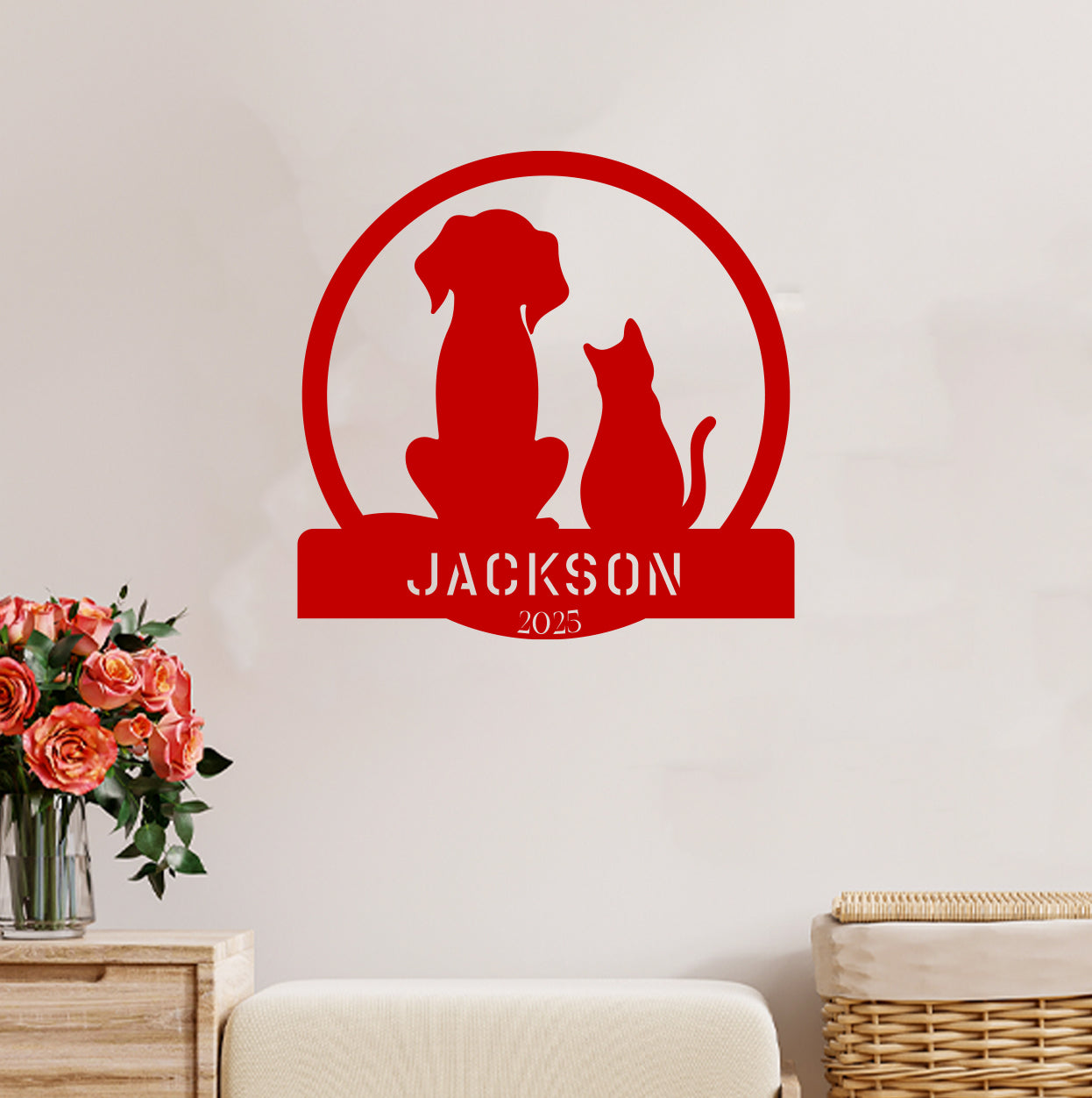 a wall decal with a dog and cat on it