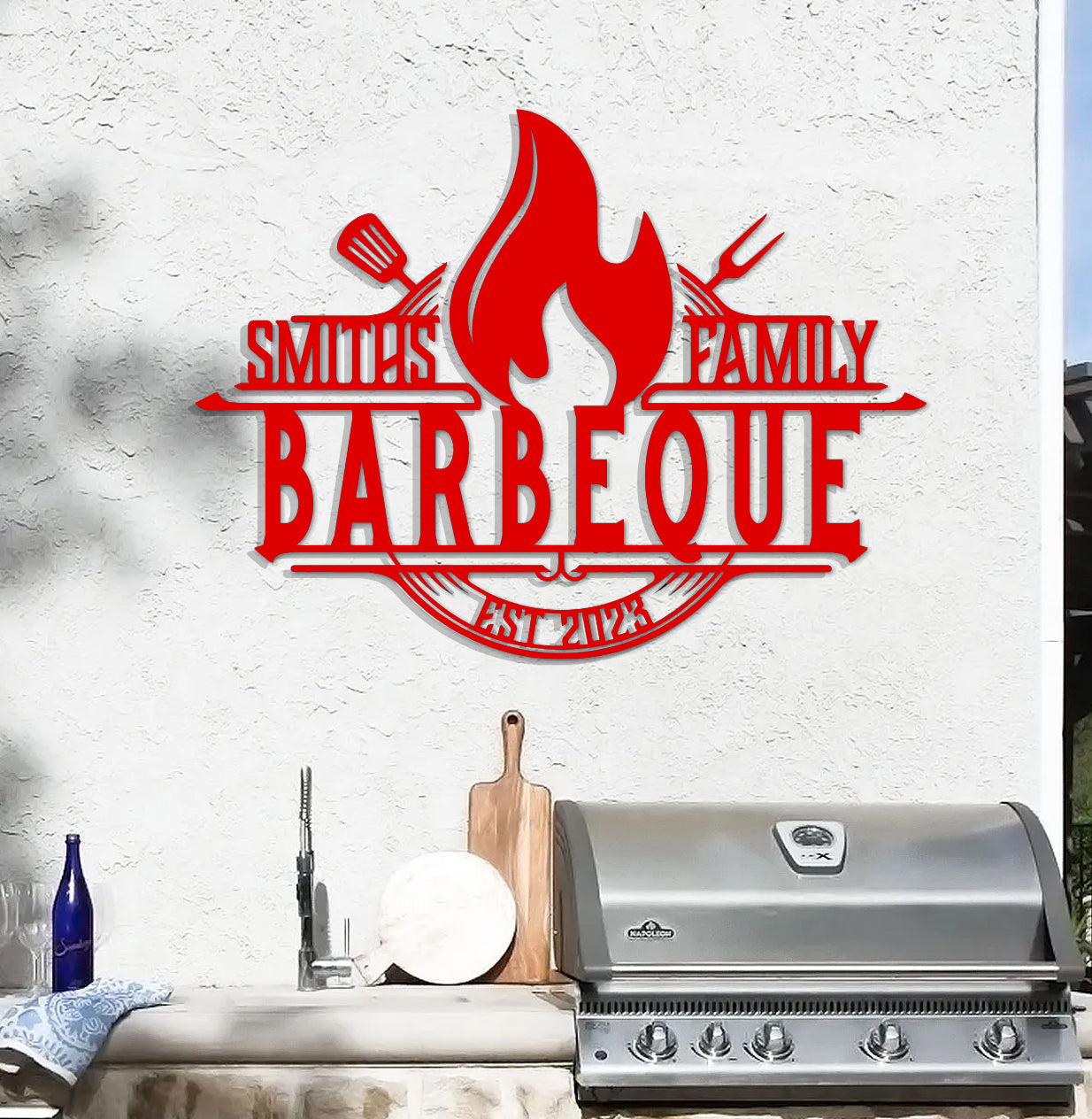 a bbq sign on the side of a building