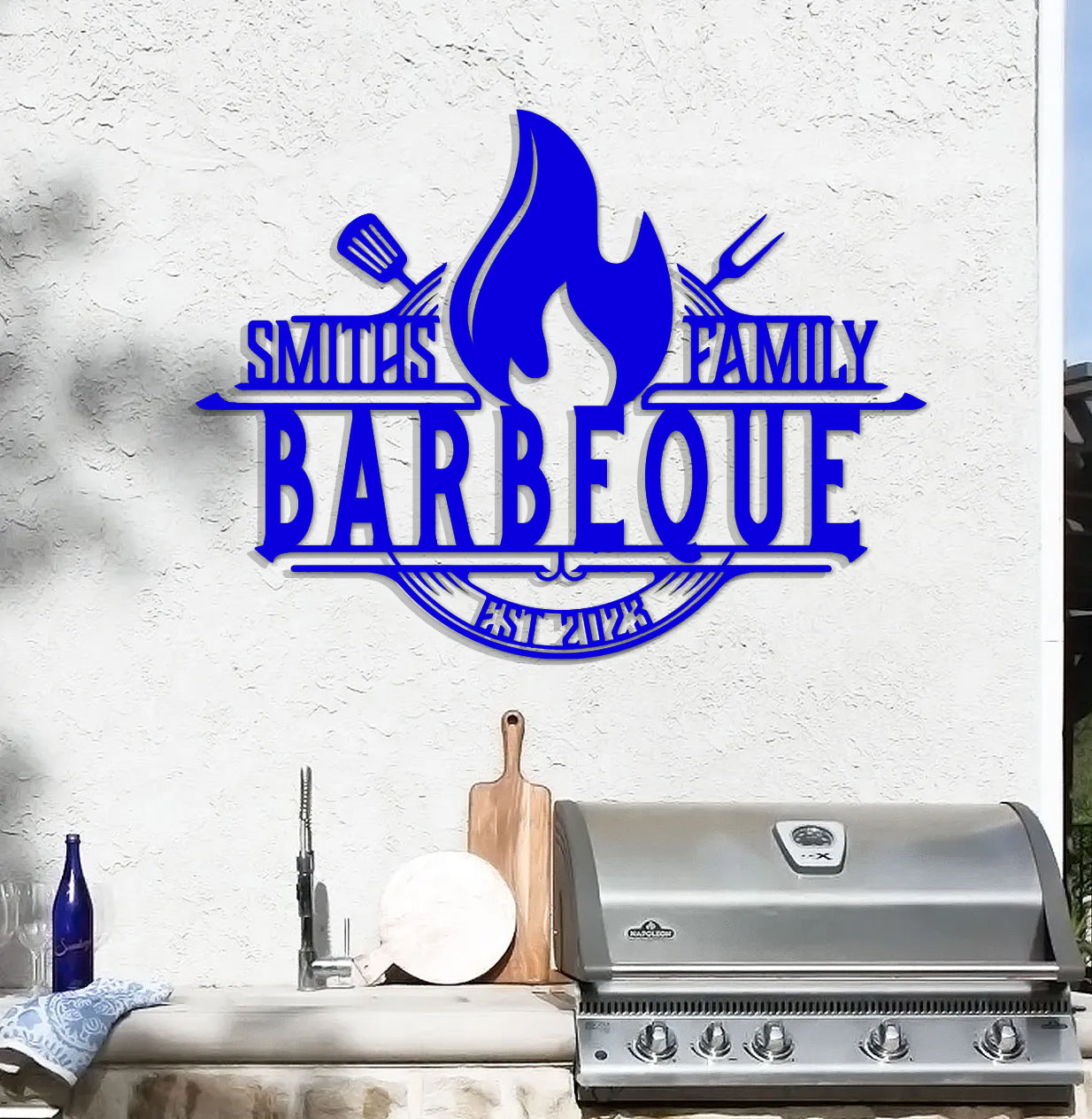 a barbecue grill with a blue sign that says smiths family barbeque