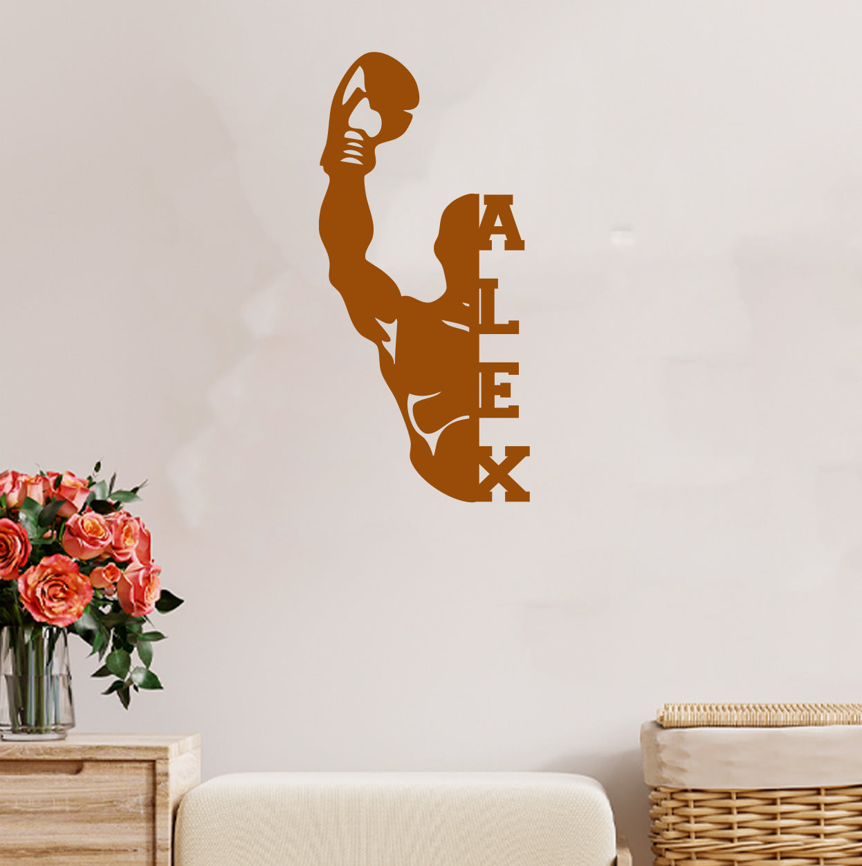 a wall decal of a basketball player holding a ball