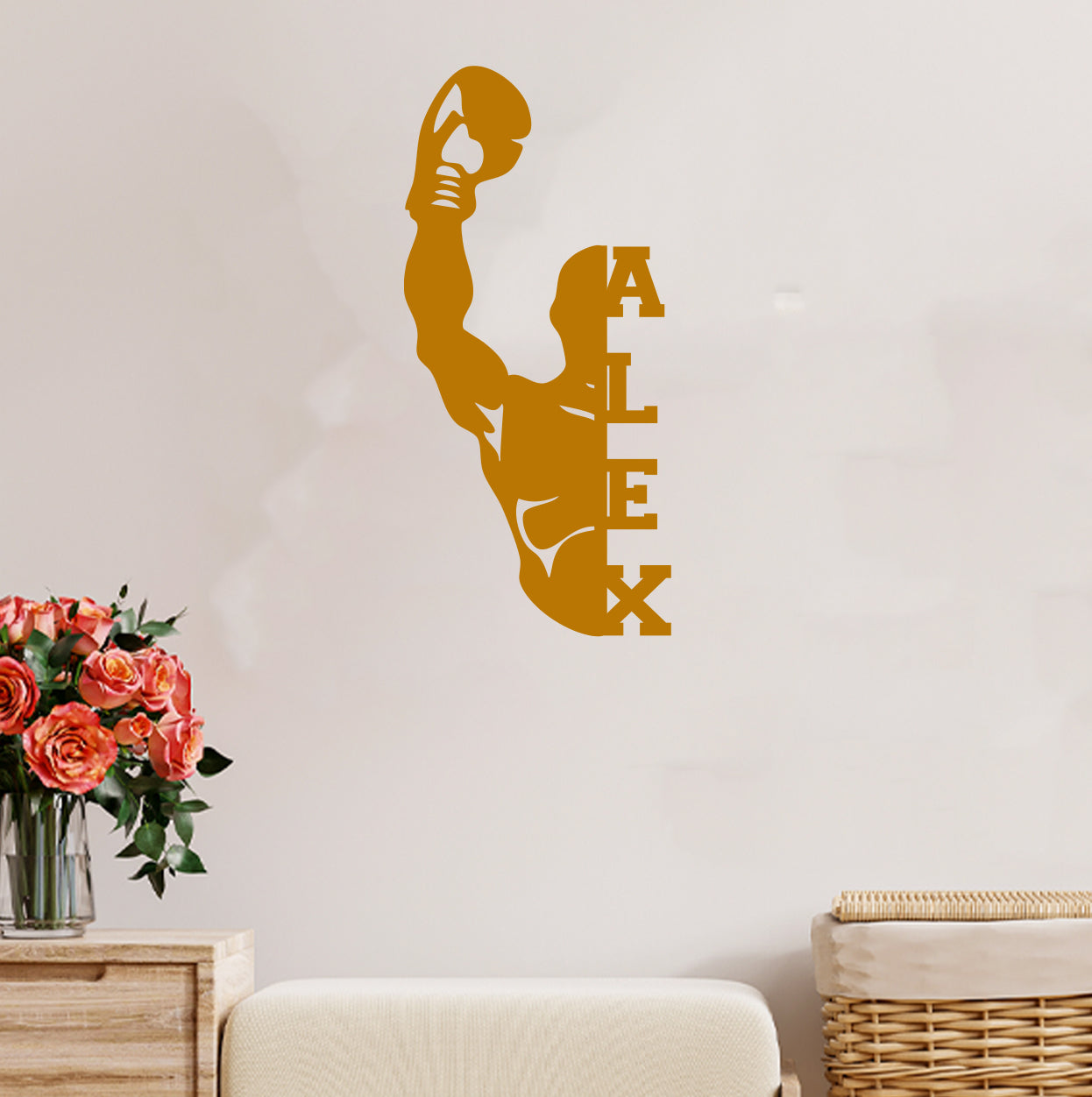 a wall decal of a basketball player holding a ball