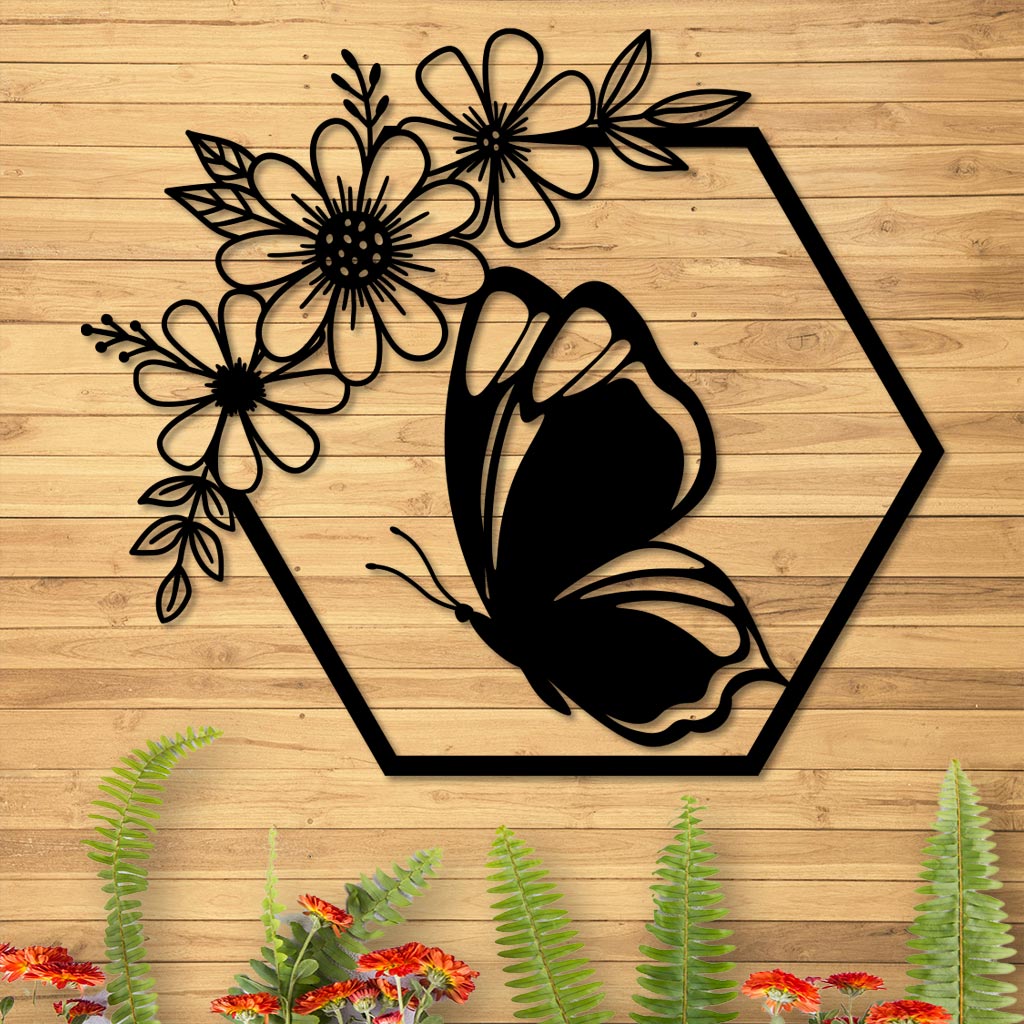 Butterfly in Hexagon with Daisies Sign