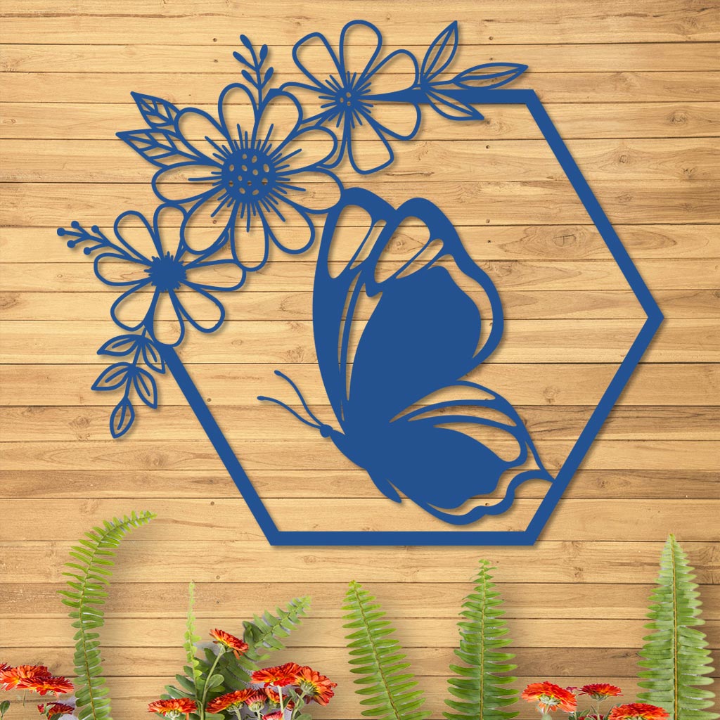 Butterfly in Hexagon with Daisies Sign