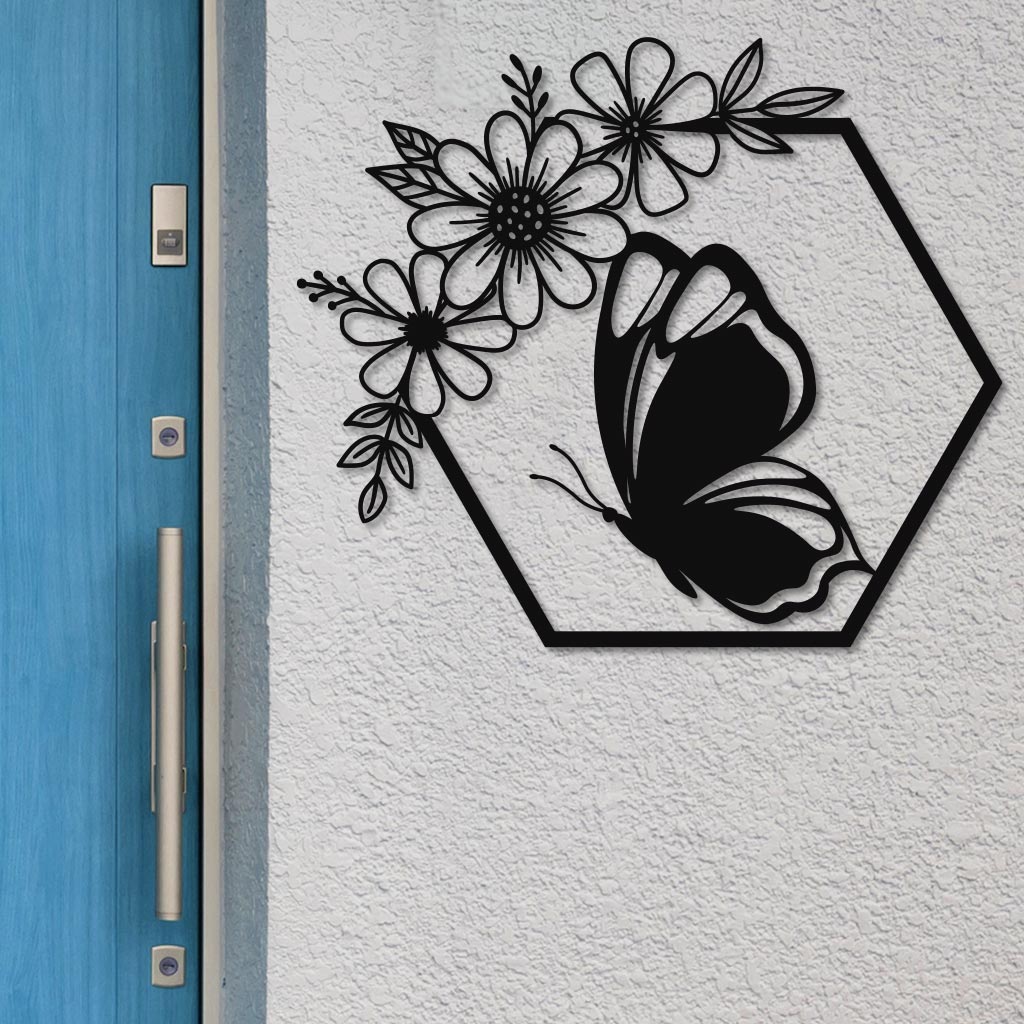 Butterfly in Hexagon with Daisies Sign