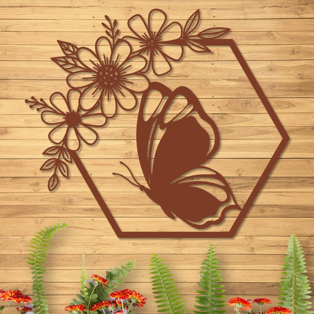 Butterfly in Hexagon with Daisies Sign