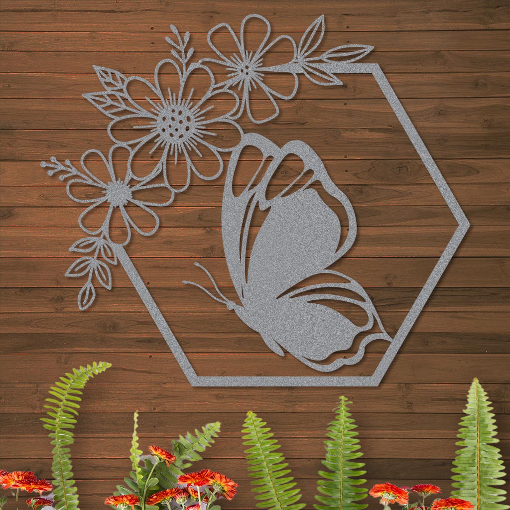 Butterfly in Hexagon with Daisies Sign