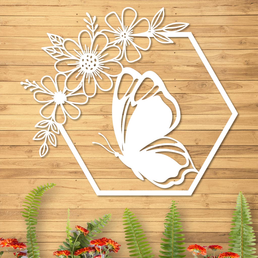 Butterfly in Hexagon with Daisies Sign