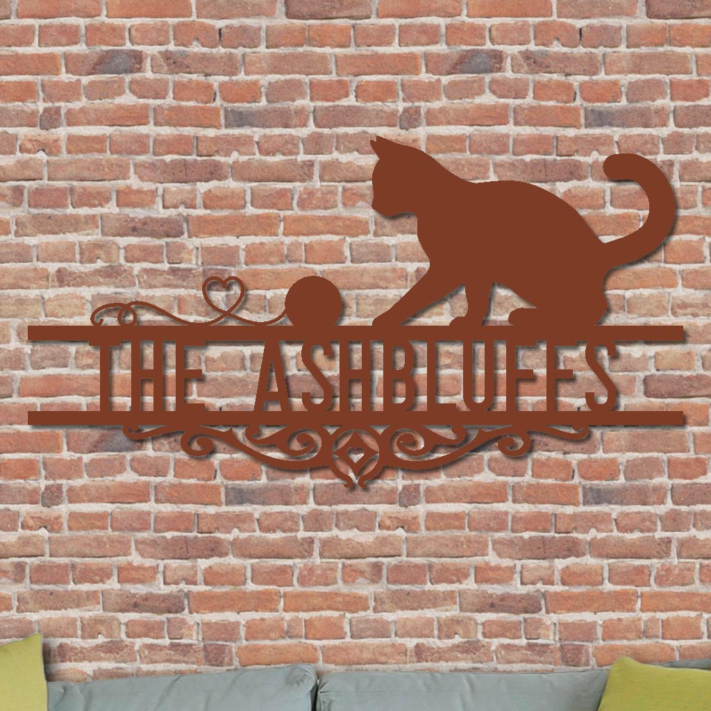 Cat w Yarn Family Name Sign