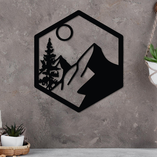 Moonlit Mountain in Hexagon Sign
