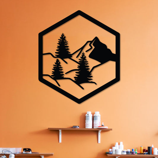 Forest with Mountain in Hexagon Sign