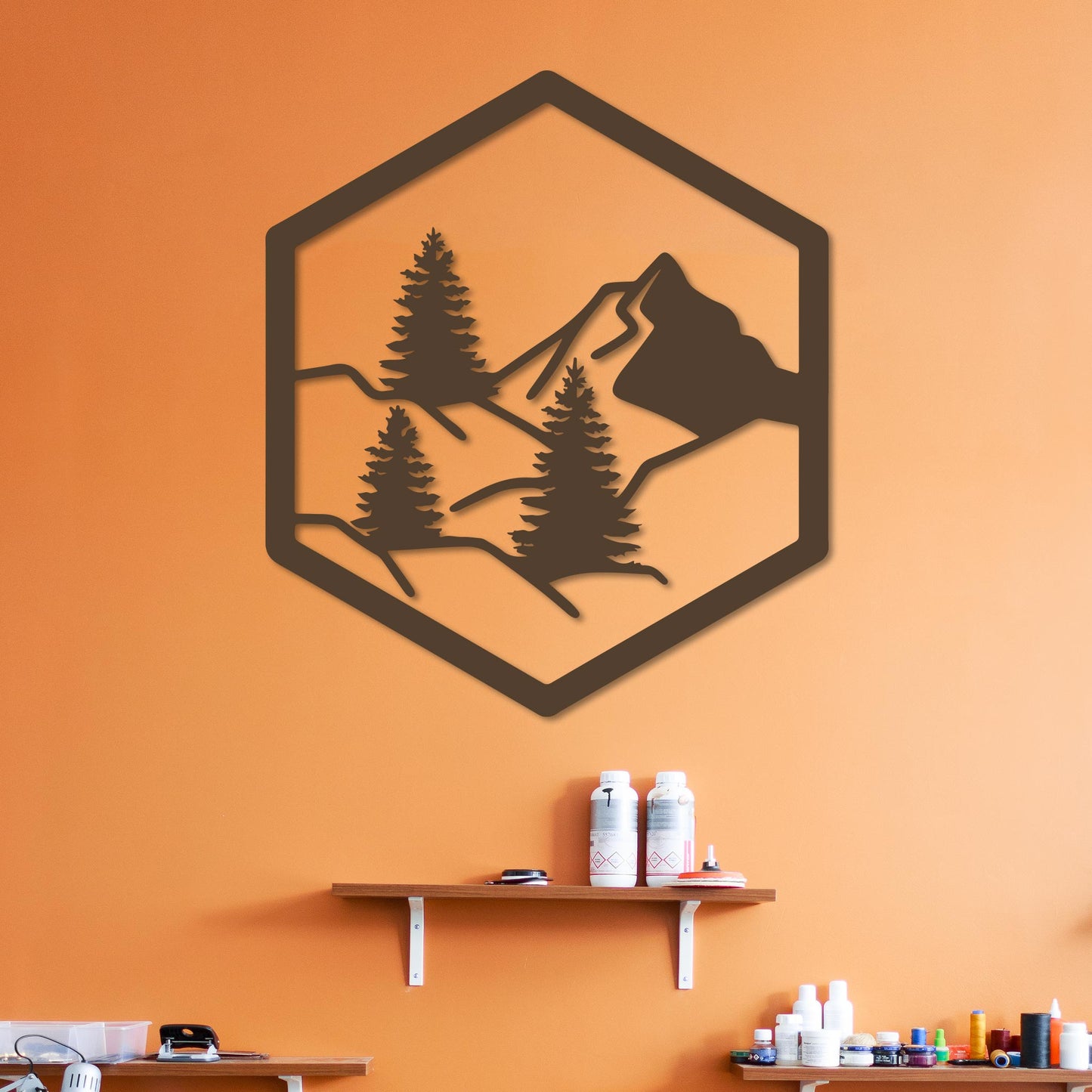 Forest with Mountain in Hexagon Sign