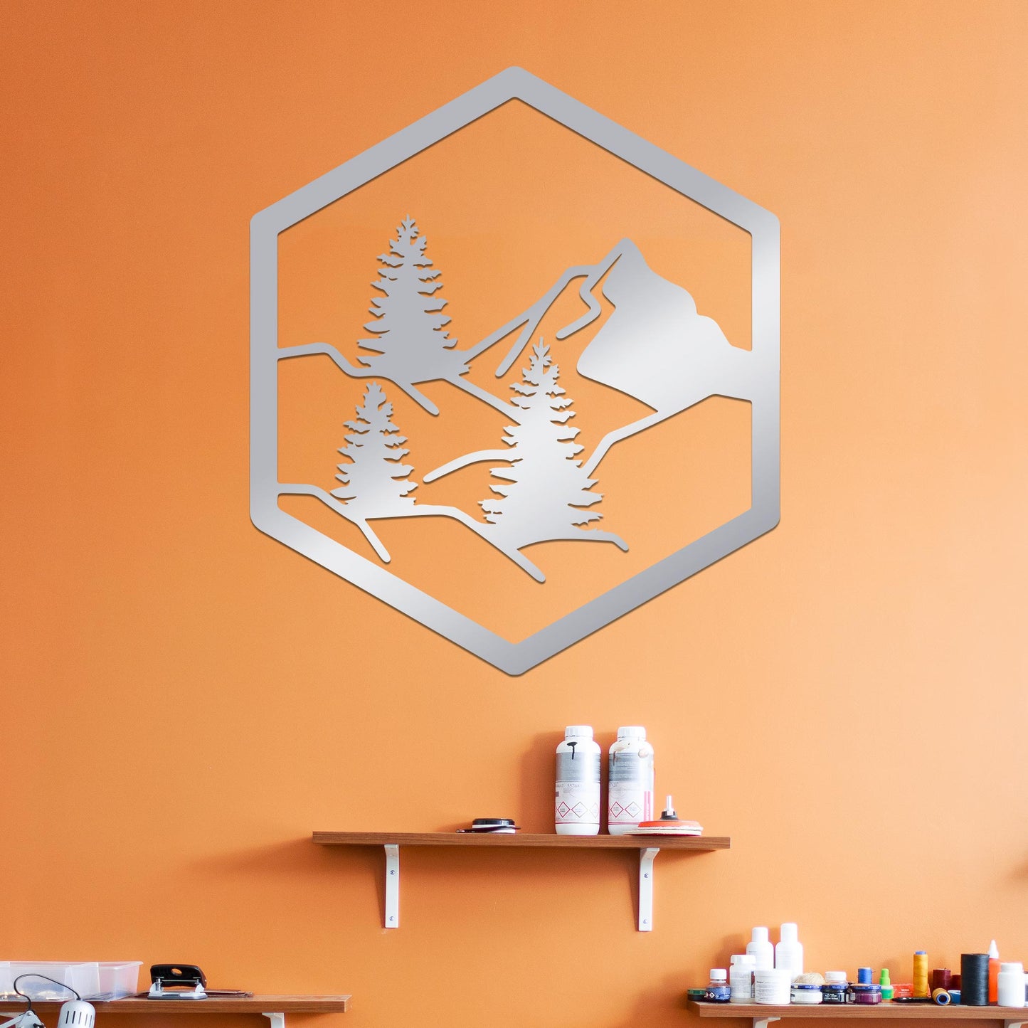 Forest with Mountain in Hexagon Sign