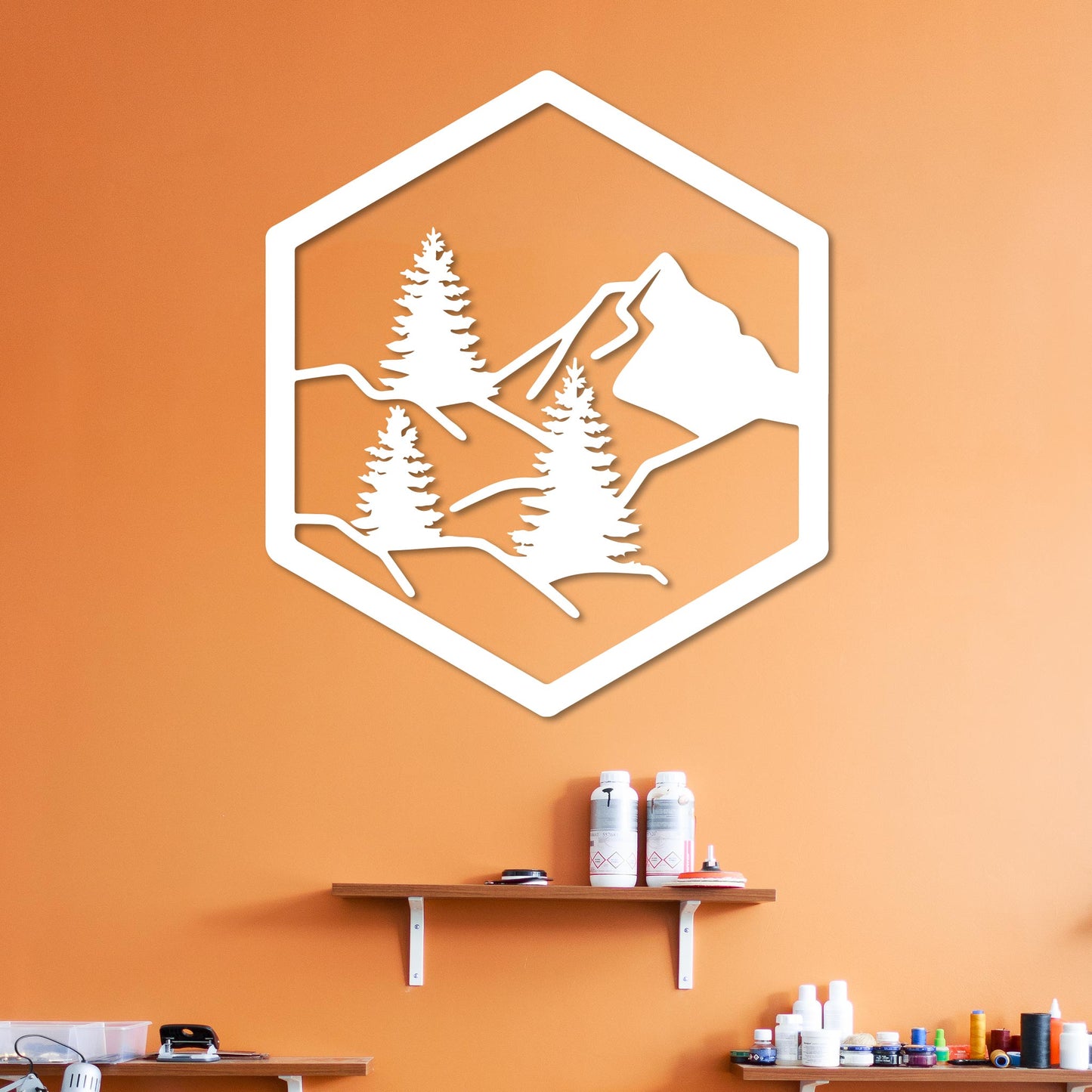 Forest with Mountain in Hexagon Sign