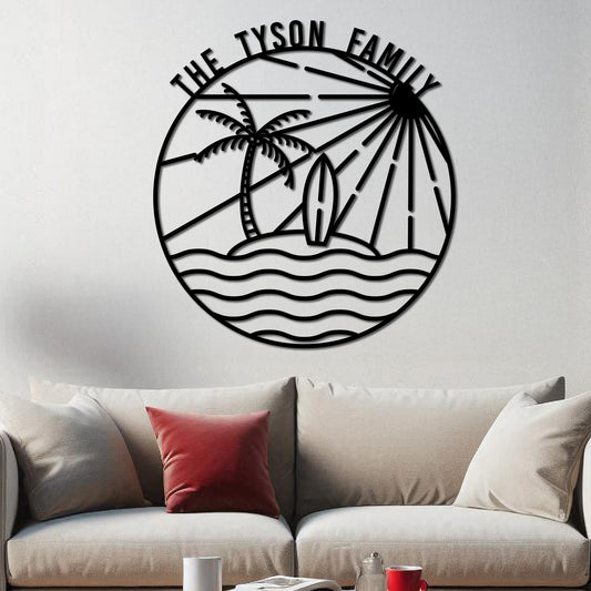 Island Sunset Waves Circle Name Sign
