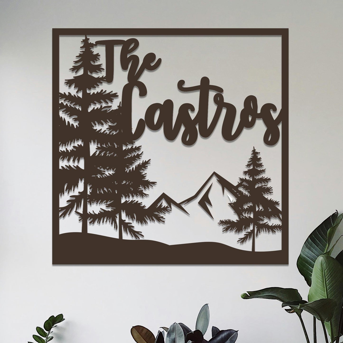 Square Mountain and Trees Family Name Sign
