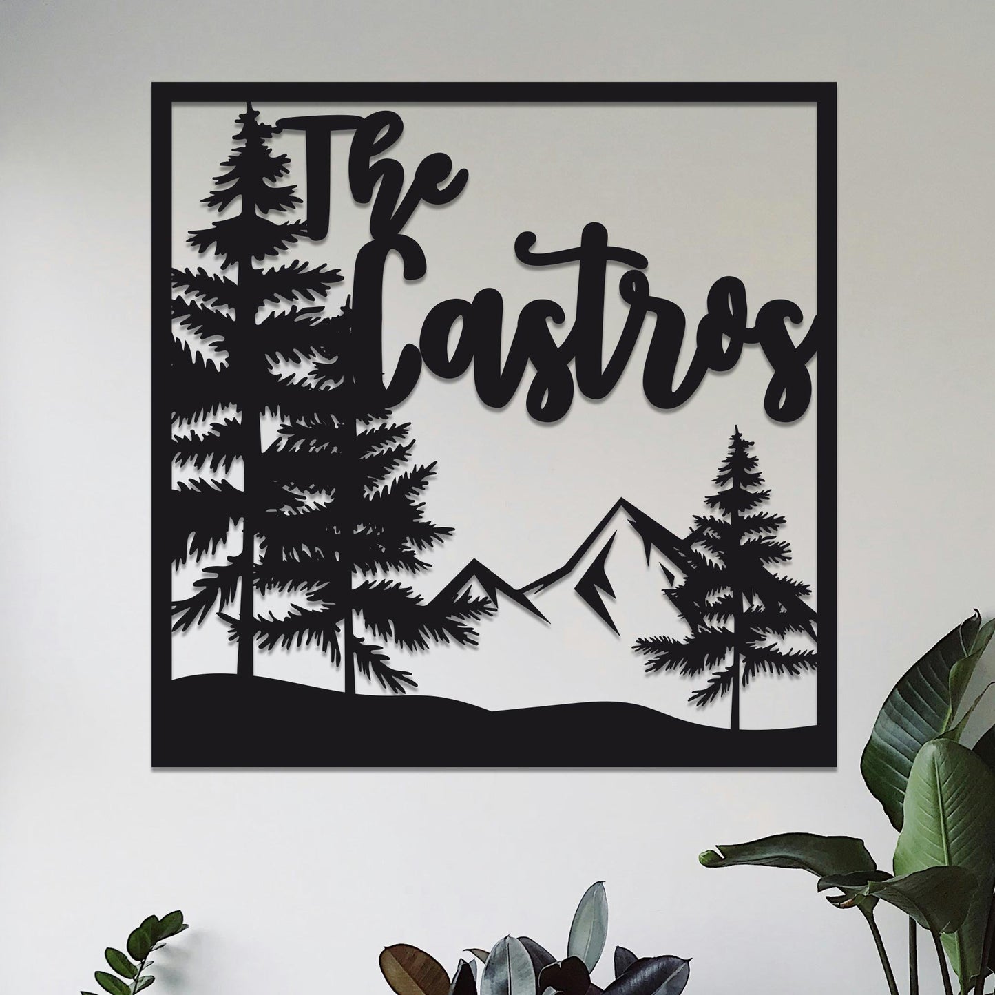 Square Mountain and Trees Family Name Sign