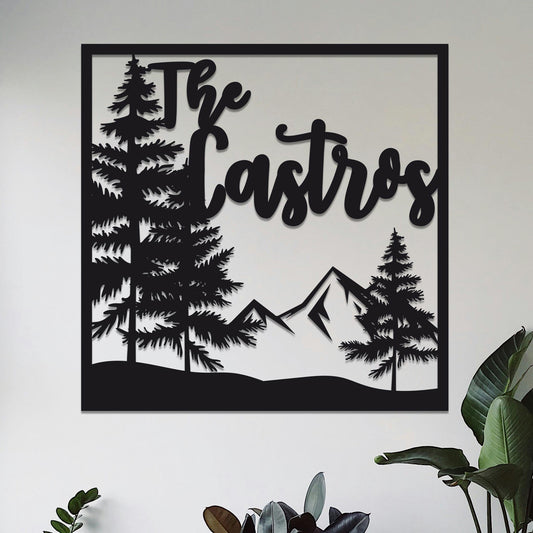 Square Mountain and Trees Family Name Sign