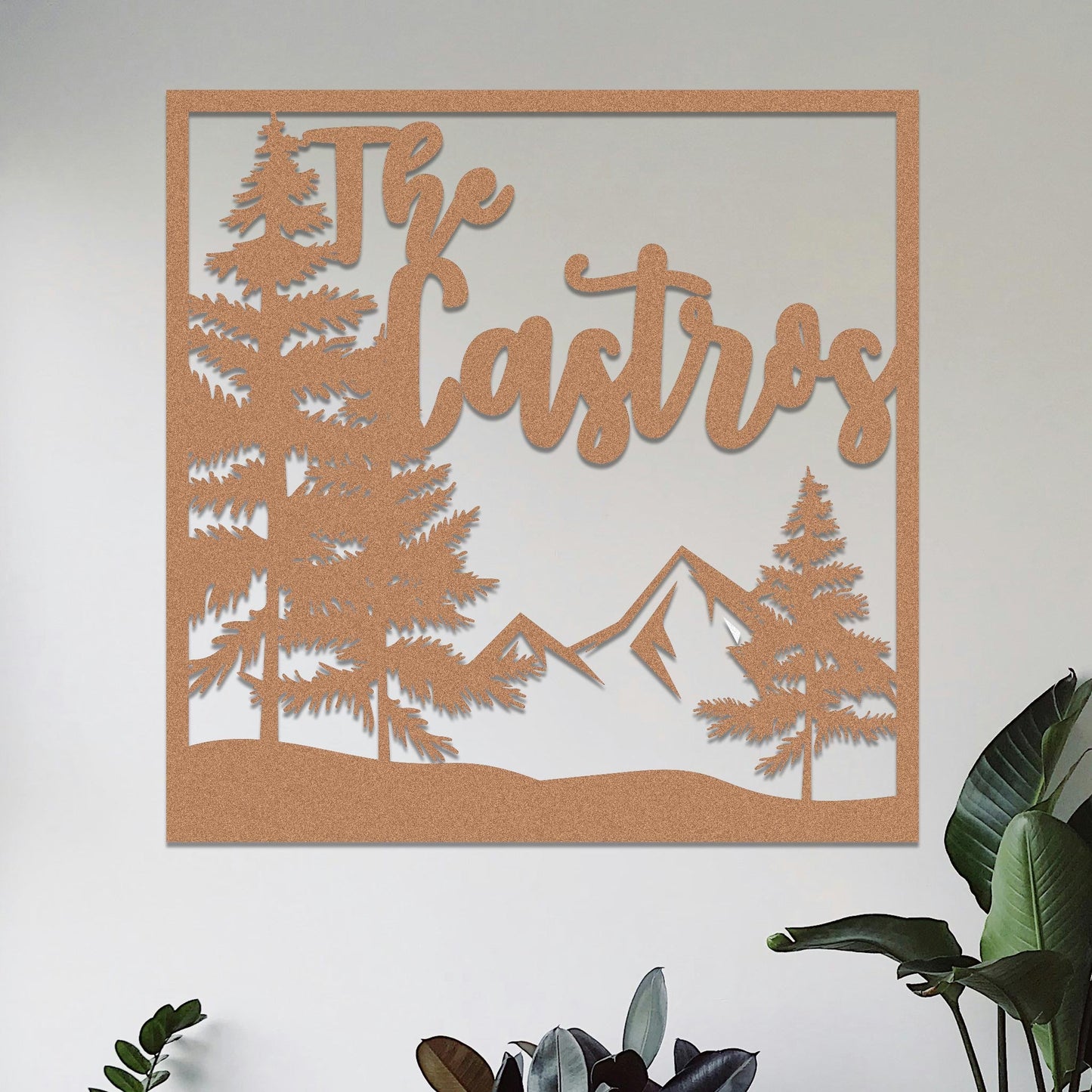 Square Mountain and Trees Family Name Sign
