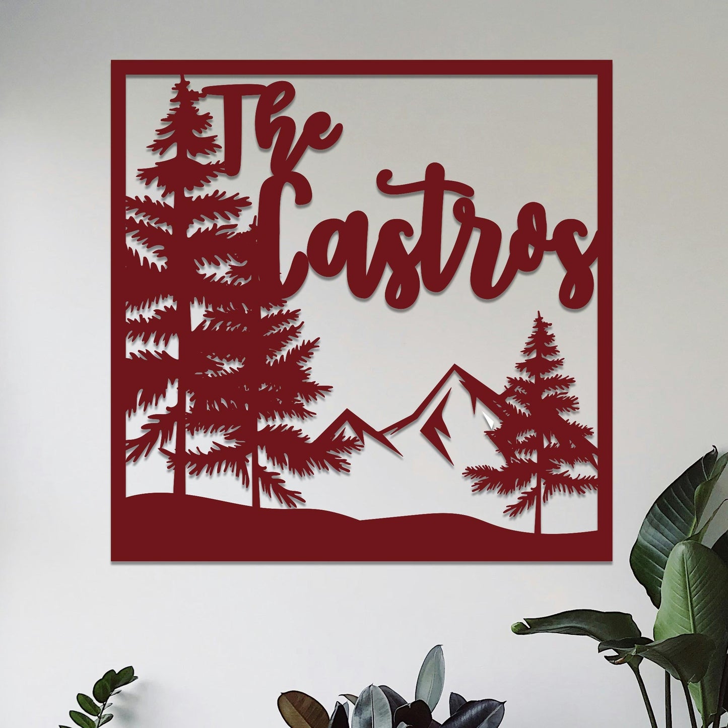 Square Mountain and Trees Family Name Sign
