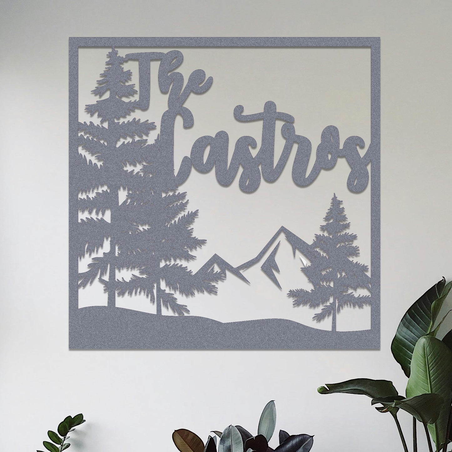 Square Mountain and Trees Family Name Sign