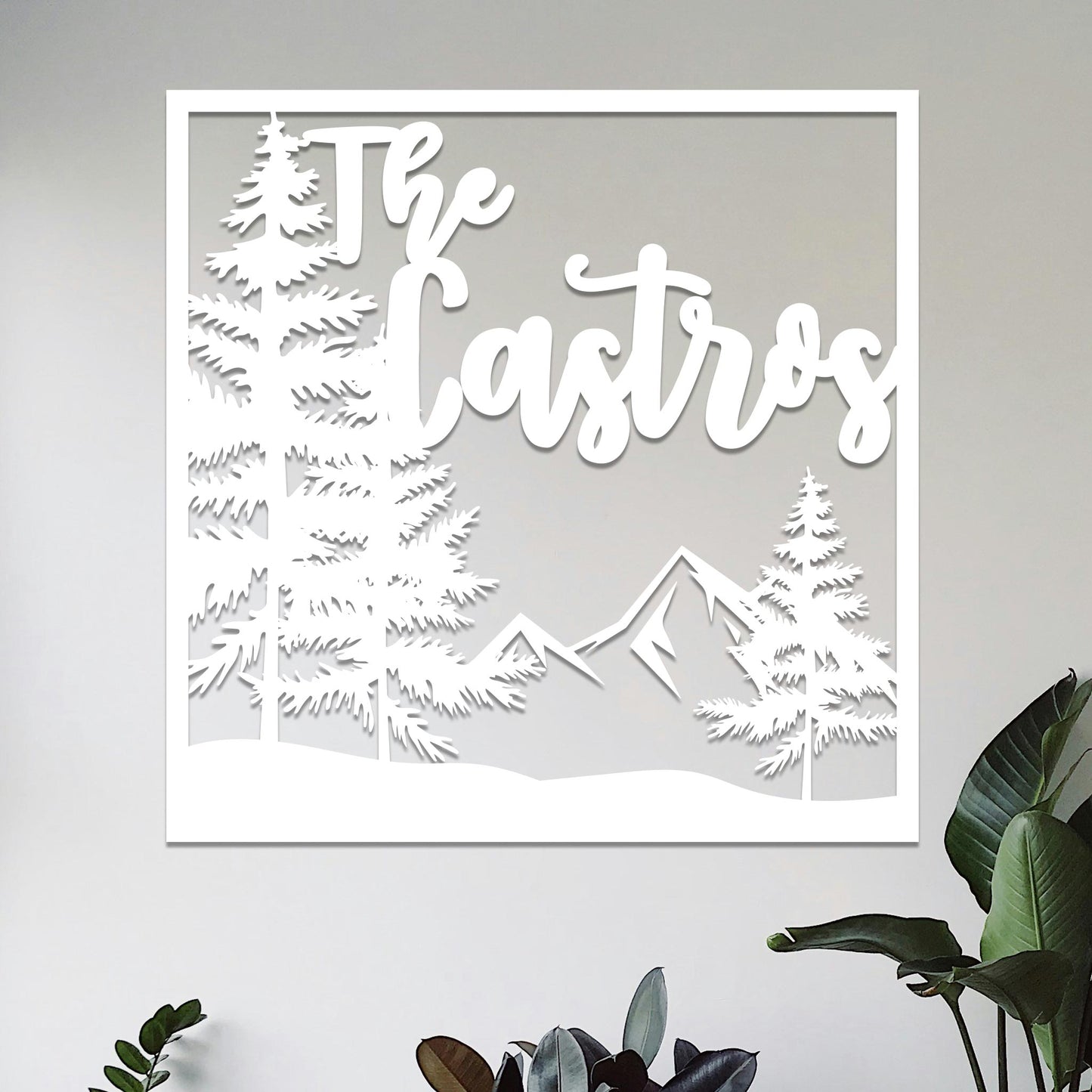 Square Mountain and Trees Family Name Sign