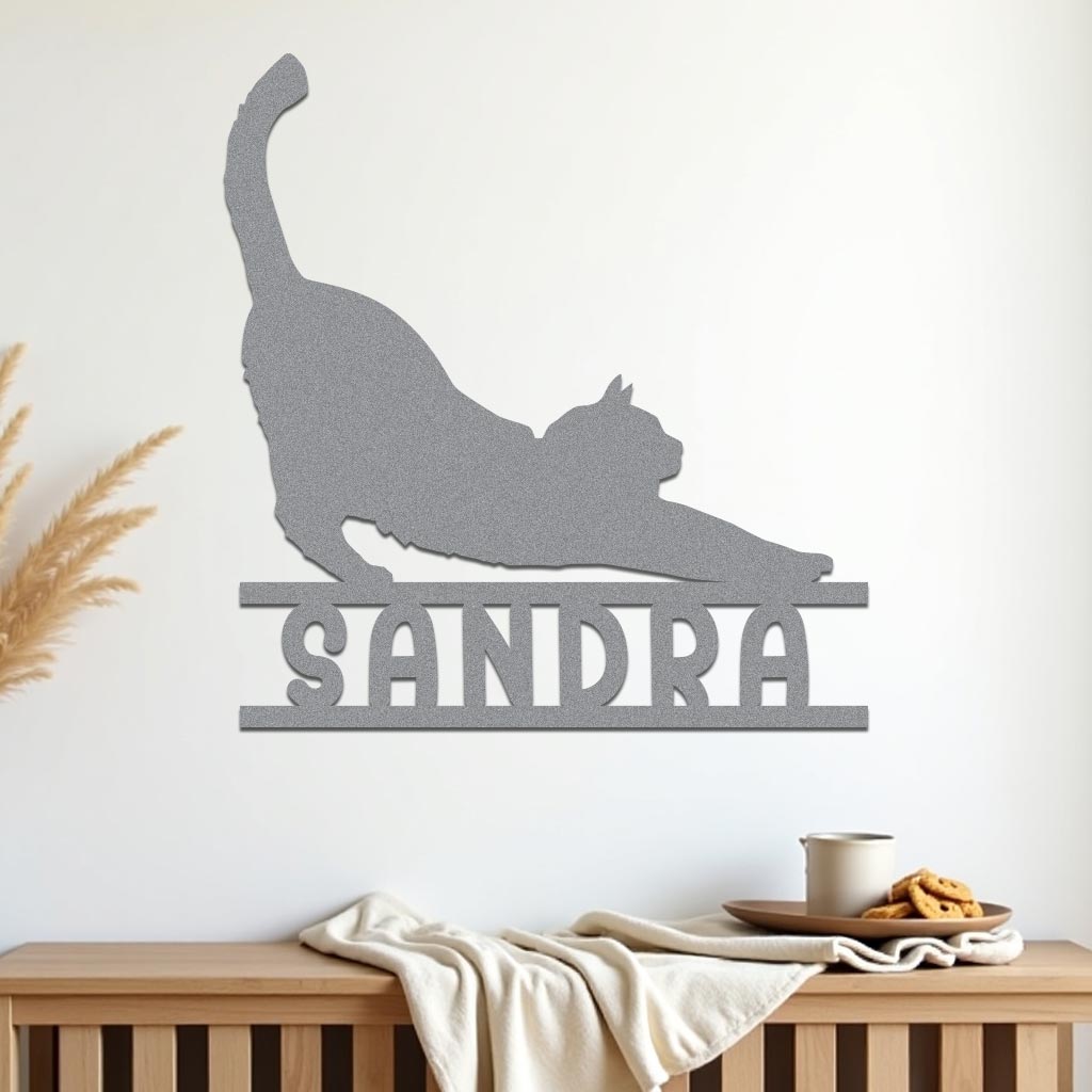 Stretching Cat w Name Sign