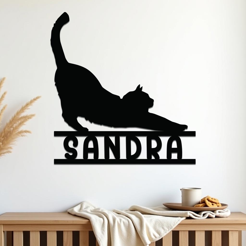 Stretching Cat w Name Sign