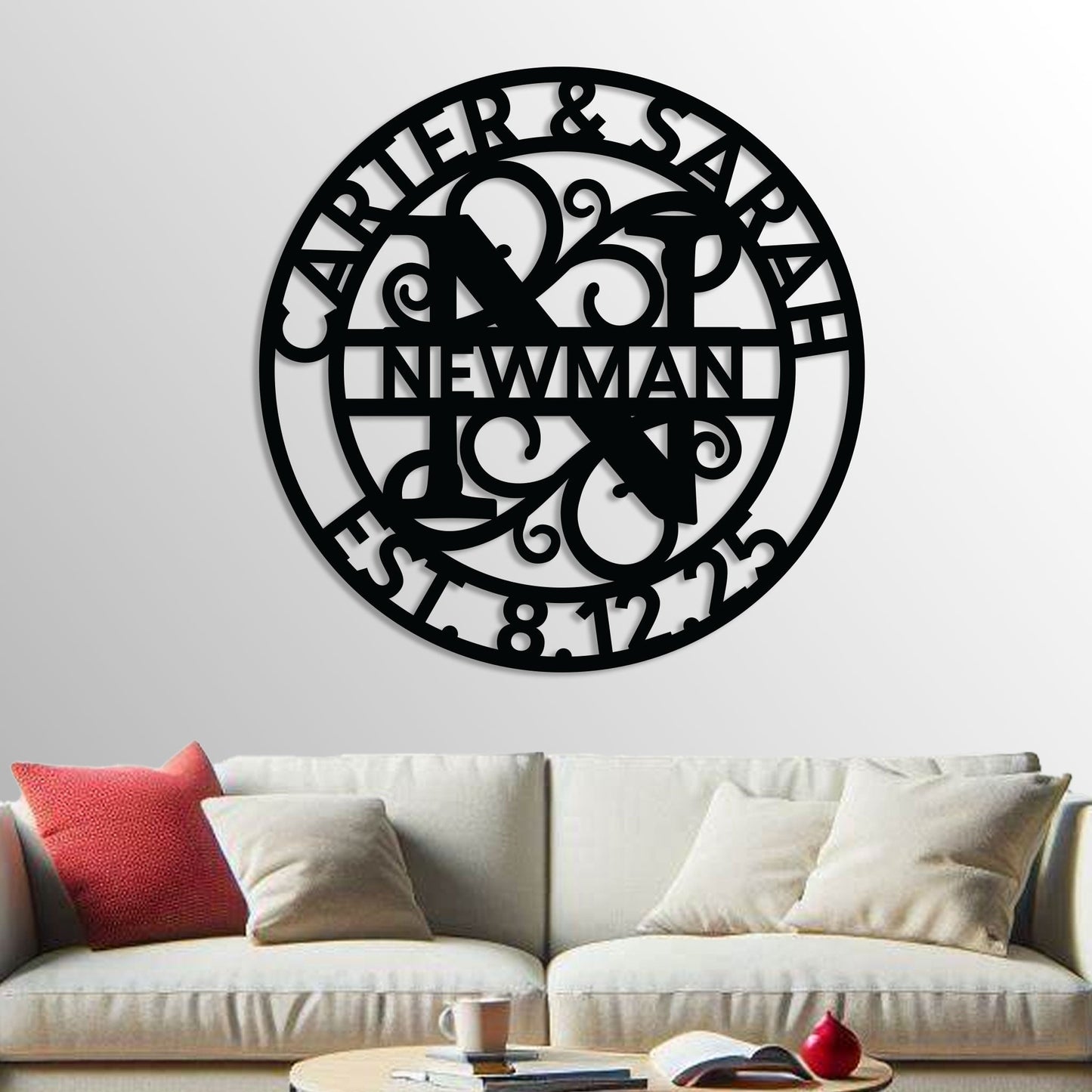 Vined Wedding Anniversary Split Monogram Sign w Names and Date